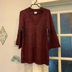 Cabi Bell Sleeve Long Cableknit Sweater in Deep Maroon